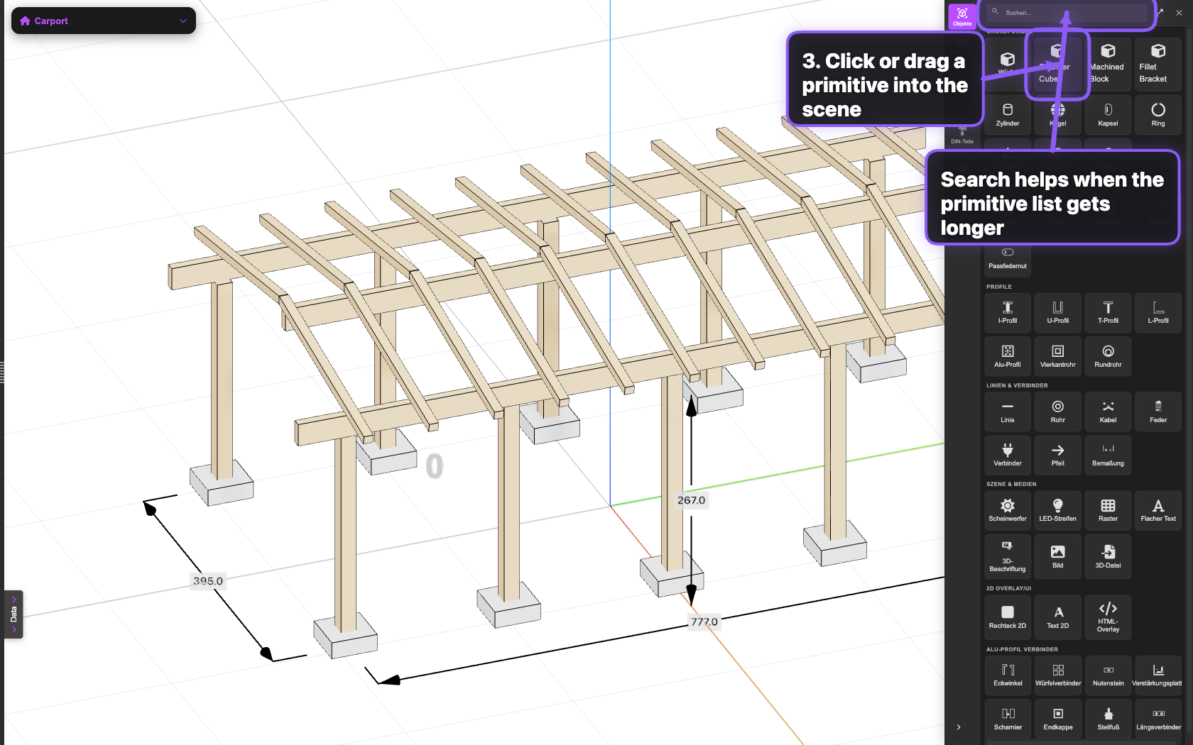 Primitive item highlighted for insertion into the scene