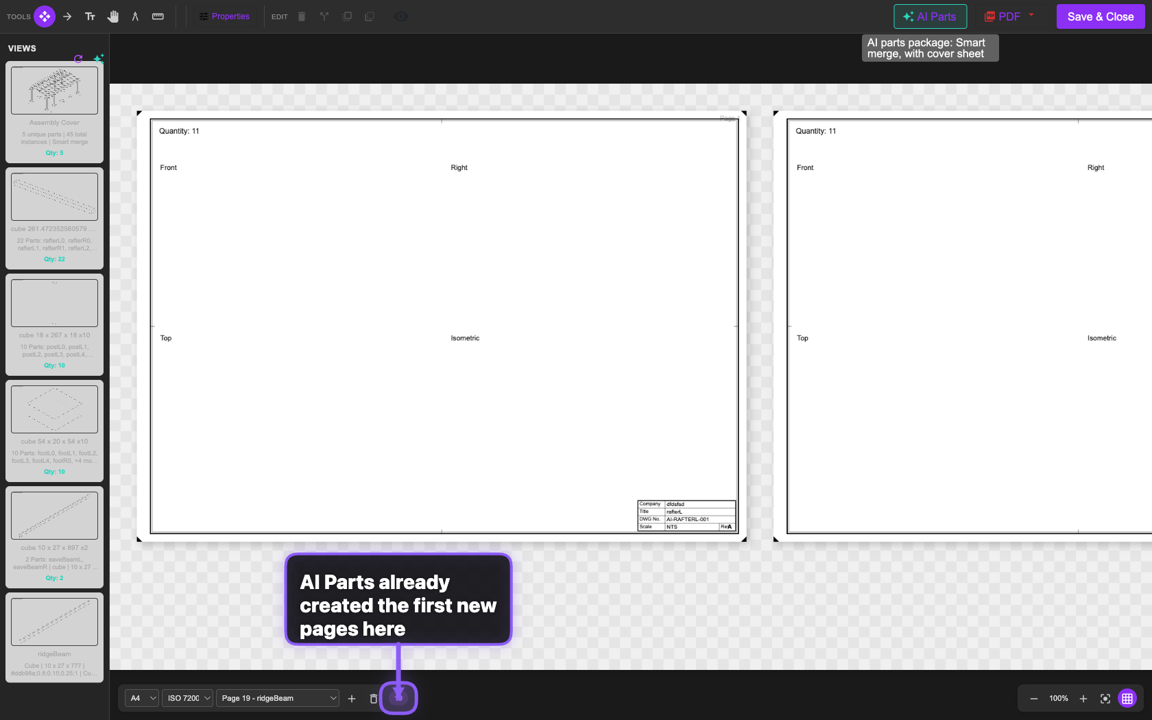 Per AI Parts generierte technische Zeichnungsseiten