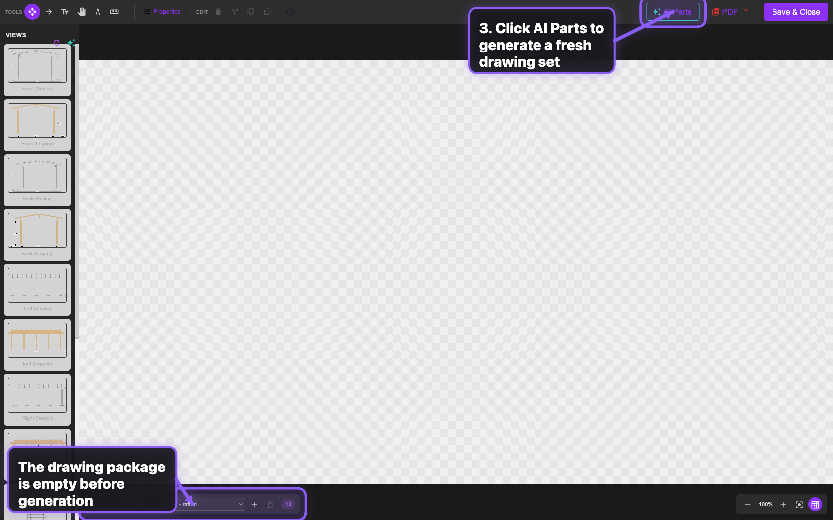 Technical-Drawing-Editor mit sichtbarem AI-Parts-Button