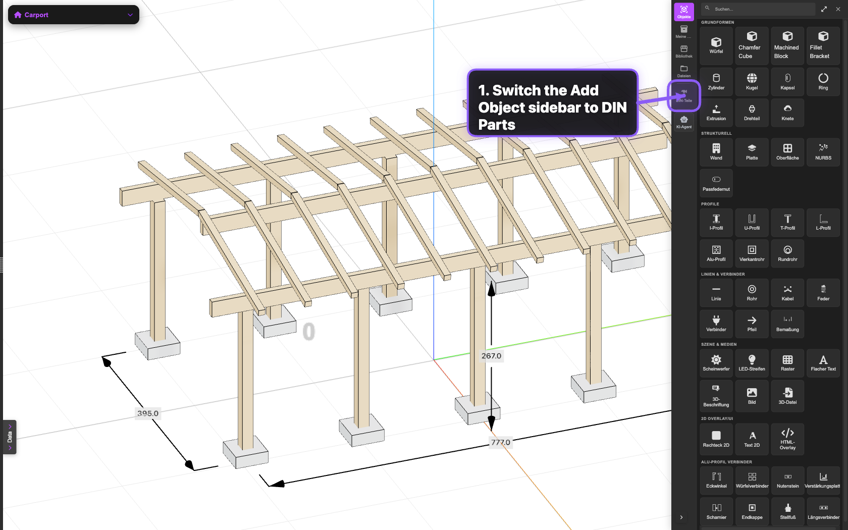 DIN Parts tab highlighted in the Add Object sidebar