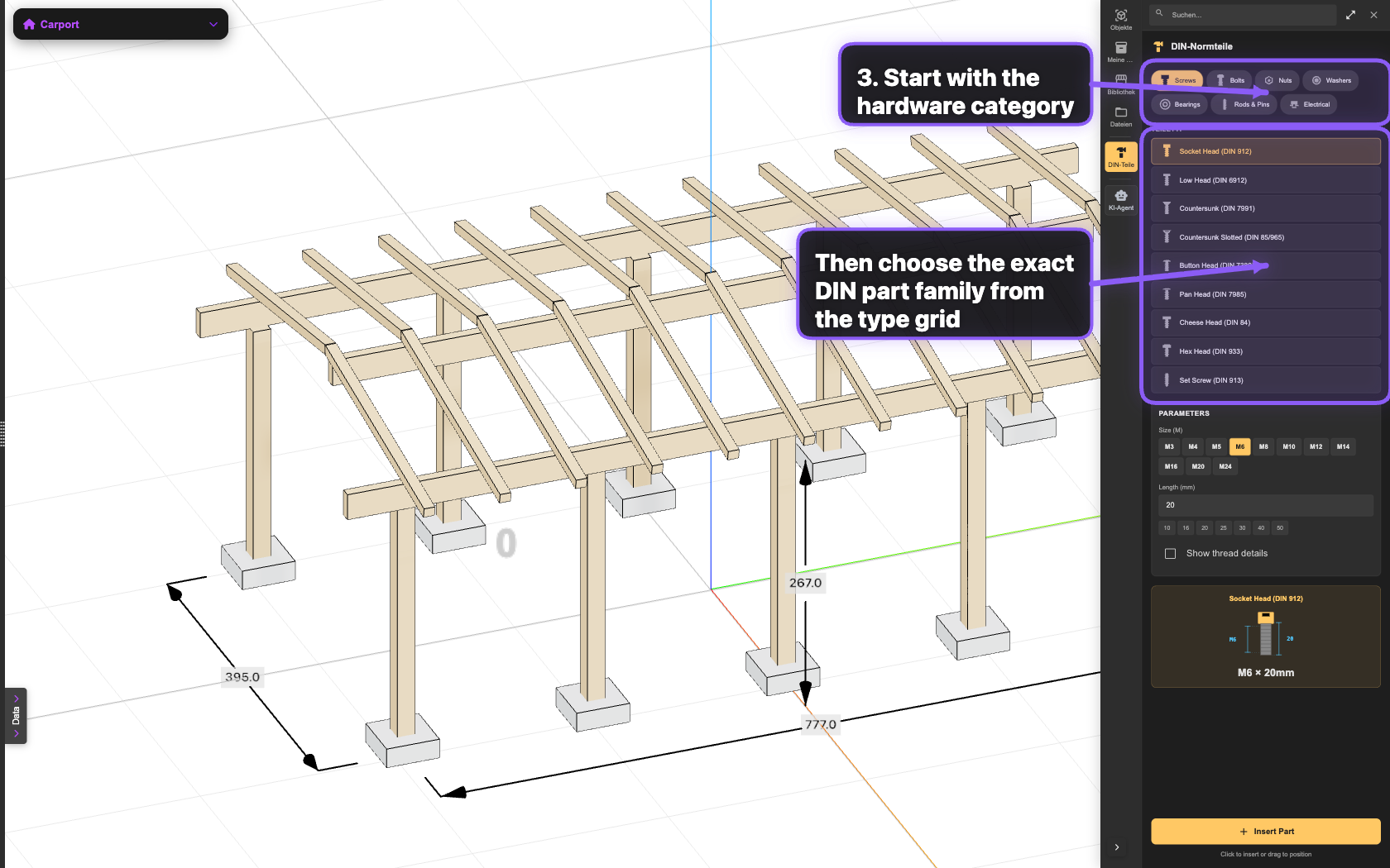 DIN category chips and type grid inside the sidebar