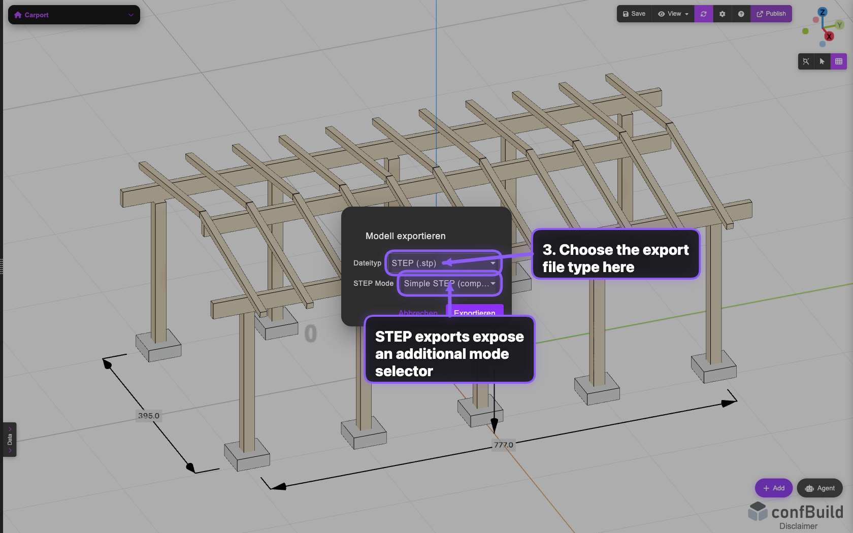 Export-Dialog mit Dateityp- und STEP-Auswahl