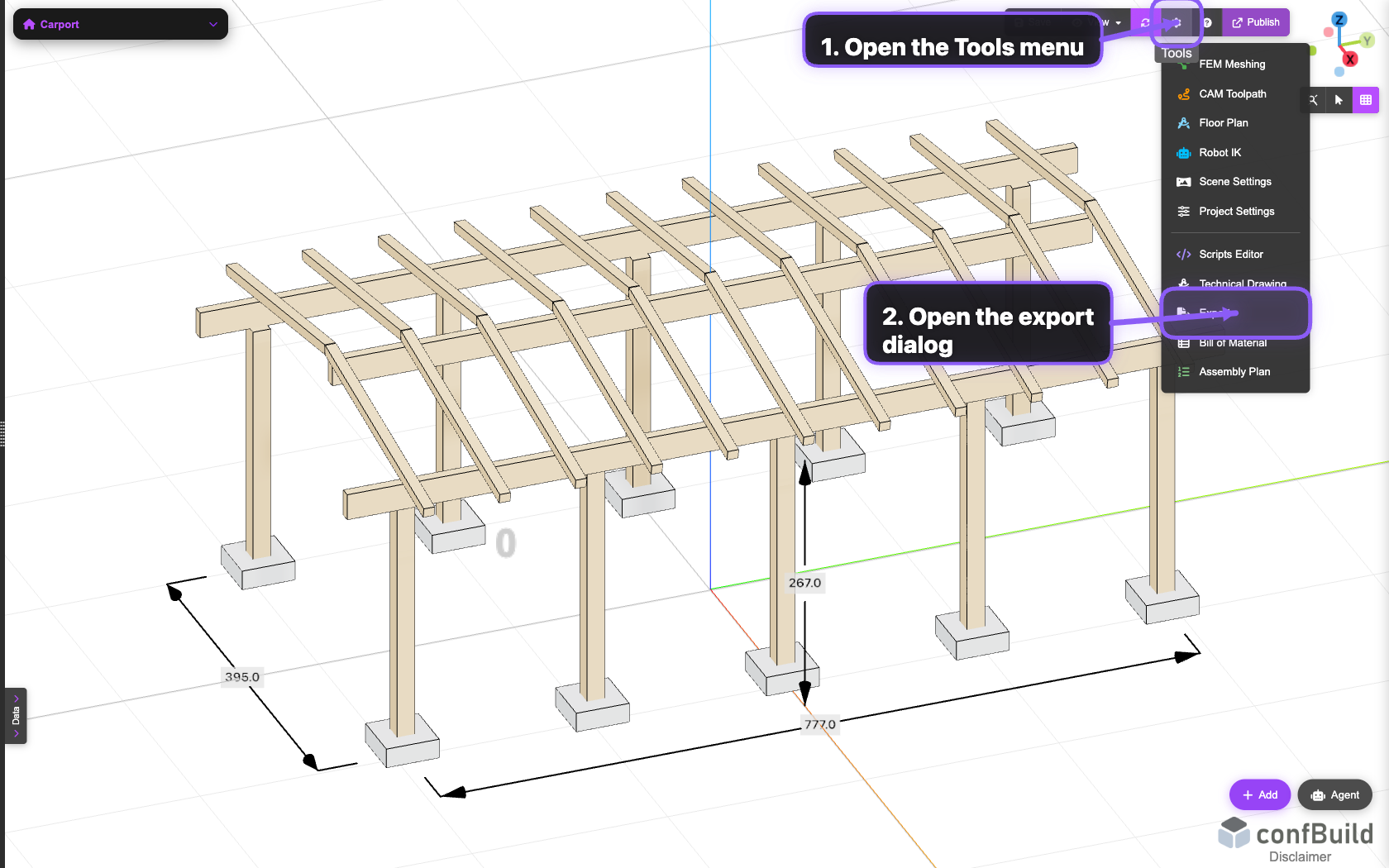 Tools-Menü mit Export-Eintrag