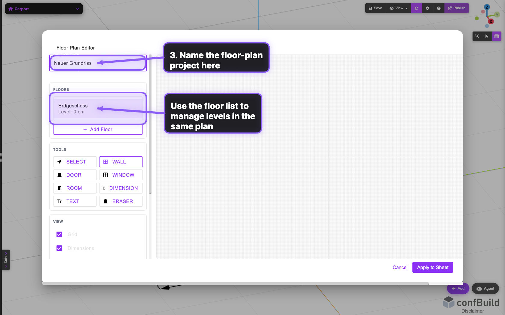 Floor-Plan-Dialog mit Projektname und Ebenenliste