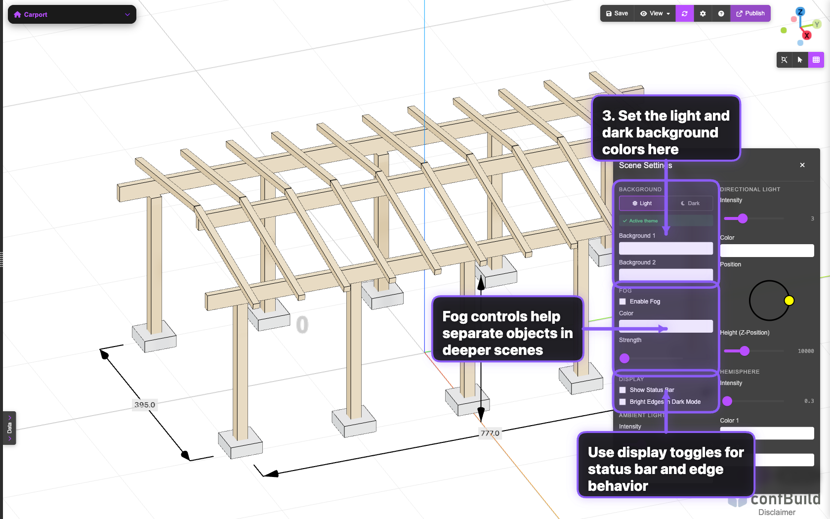 Scene-Settings-Panel mit Hintergrund- und Nebelabschnitten