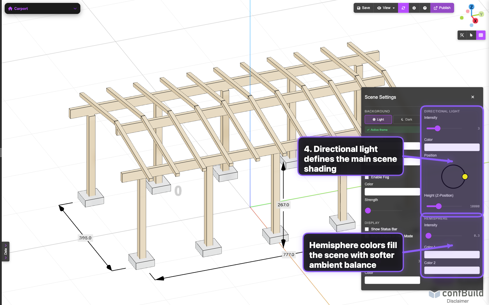 Scene-Settings-Panel mit Directional- und Hemisphere-Light-Steuerung