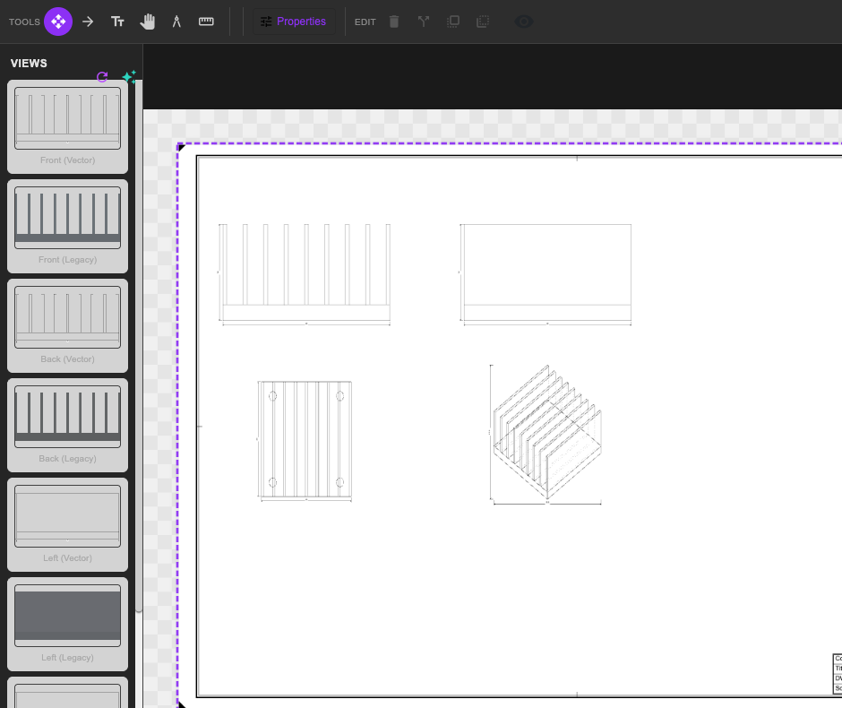 Technical drawing sheet with arranged vector views