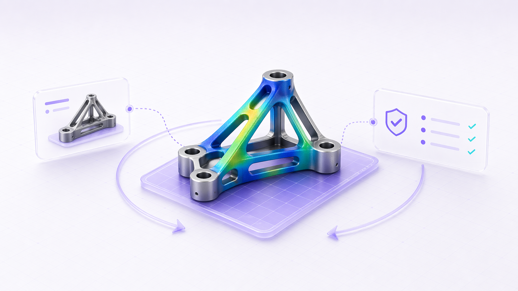 Optimization workflow with part variants, FEM validation, and manufacturing exports