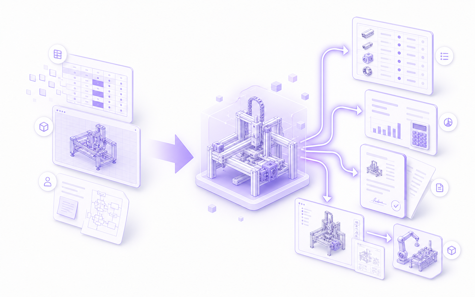 Fragmented spreadsheets, CAD files, and notes become one connected 3D product model with a bill of materials, pricing, quotation, and manufacturing handoff in confBuild