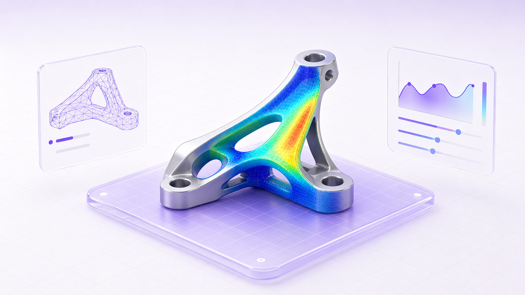 Optimierter mechanischer Halter mit FEM-Overlay und Analyse-Karten