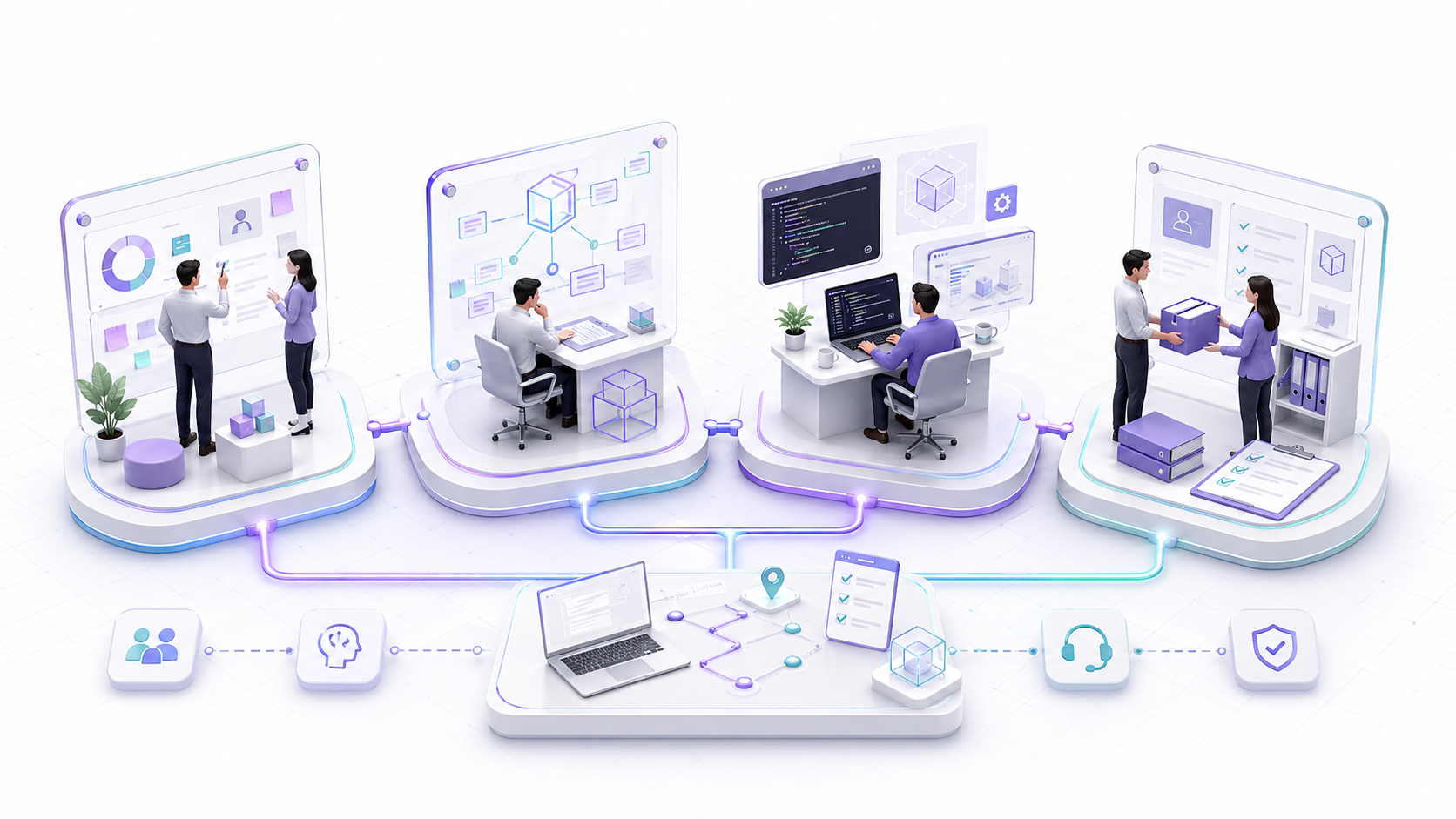 Professioneller Dienstleistungsworkflow von Discovery und Planung bis Implementierung, Training, Support und Übergabe