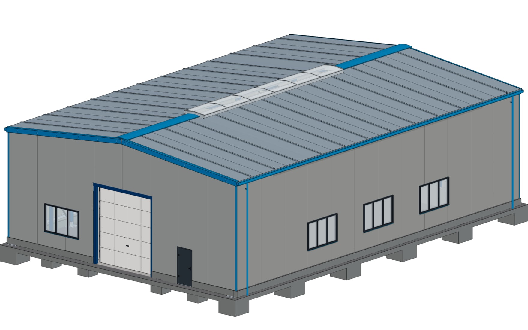 Parametric steel portal-frame hall with primary frames, roof members, and cladding